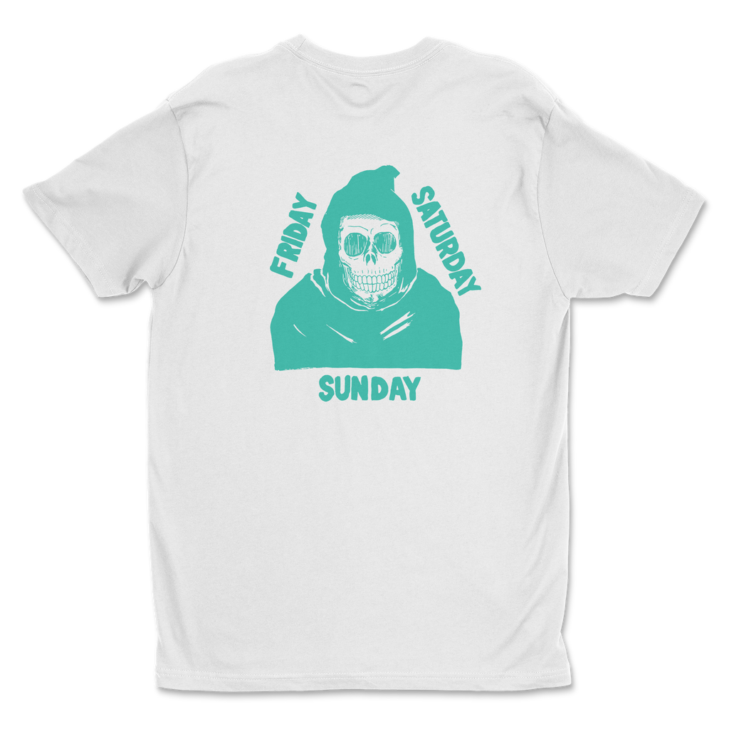 White t-shirt with Friday Saturday Sunday restaurant logo and grim reaper design on the back