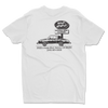 White t-shirt with Night Market restaurant logo and car design on the back