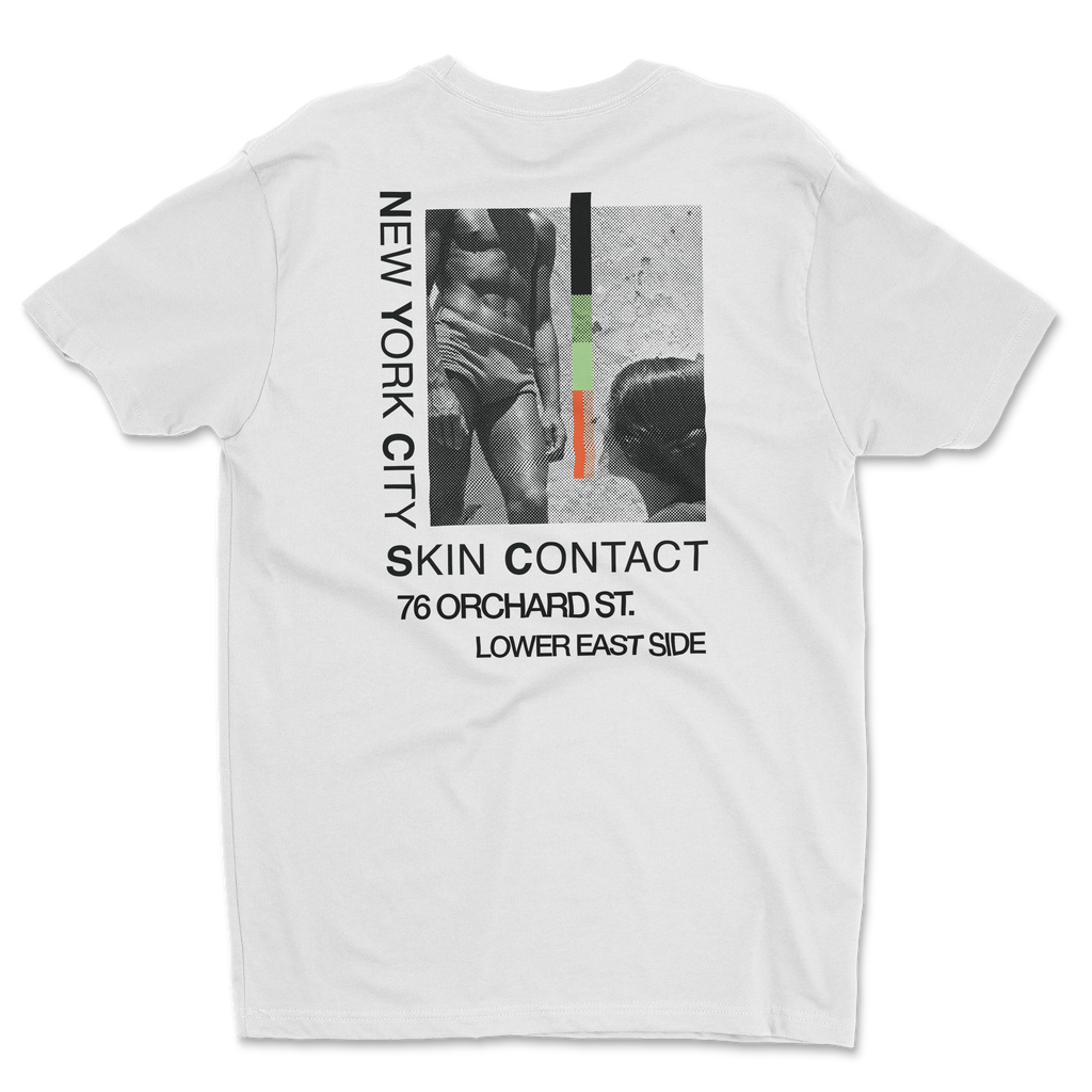 White t-shirt with Skin Contact Wine Bar logo and graphic design on the back