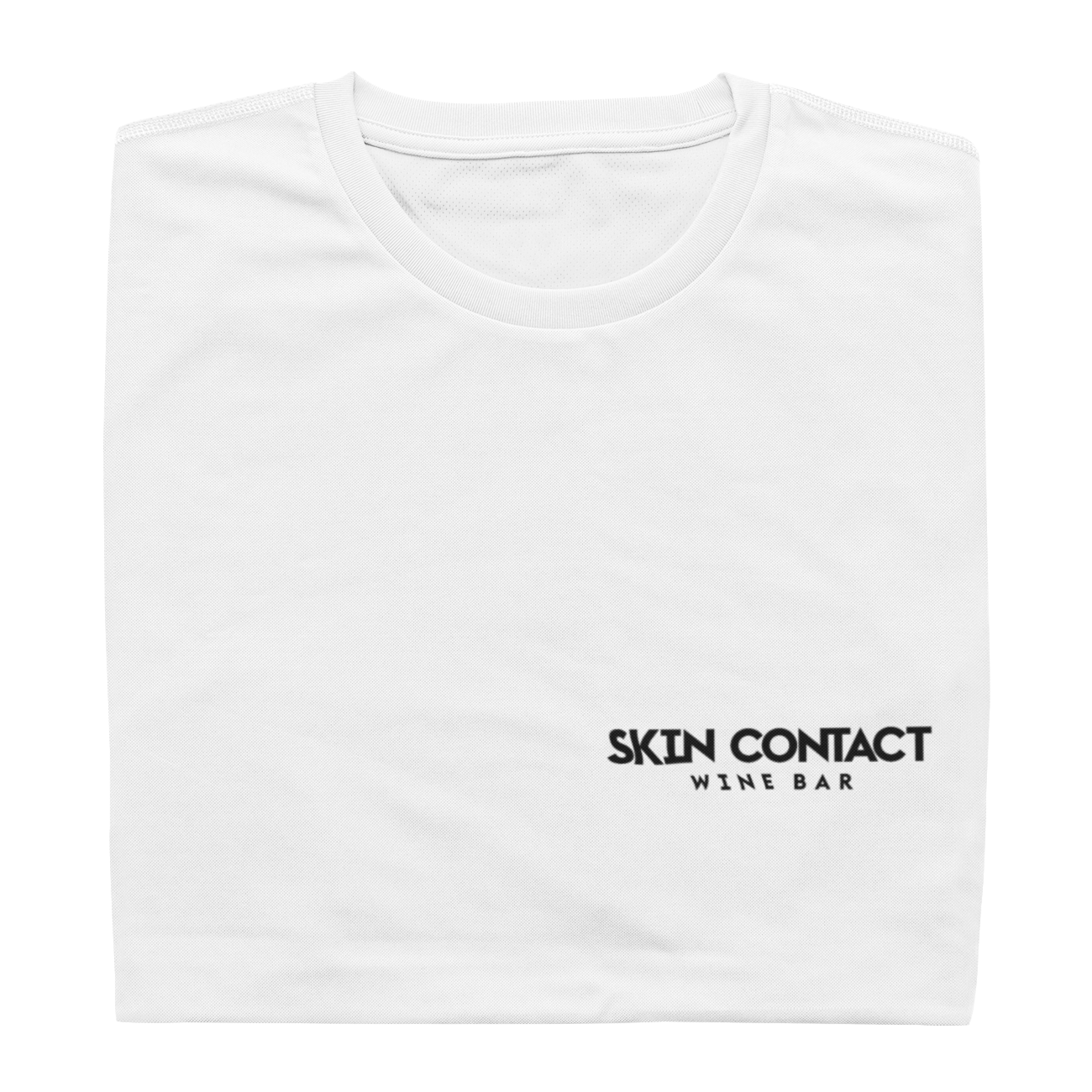Folded white t-shirt with Skin Contact Wine Bar logo on the front